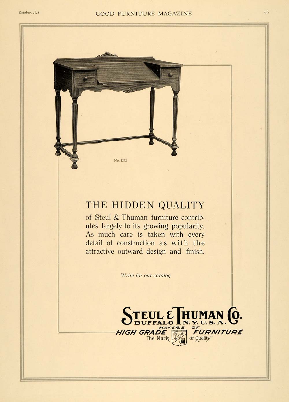 1918 Ad Steul Thuman High Grade Furniture Table No 1252 - ORIGINAL GF2