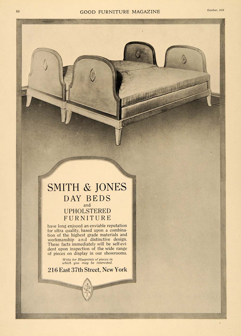1918 Ad Smith Jones Day Bed Upholstered Furniture NY - ORIGINAL ADVERTISING GF2