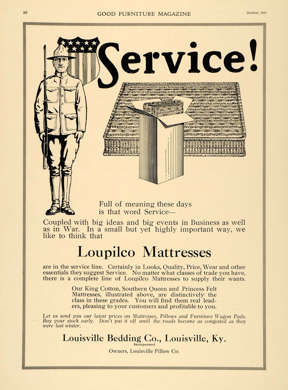 1918 Ad Louisville Bedding Pillow Loupilco Mattress WWI - ORIGINAL GF2