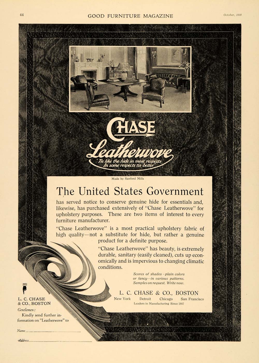 1918 Ad L. C. Chase Leatherwove Upholstery Sanford Mill - ORIGINAL GF2