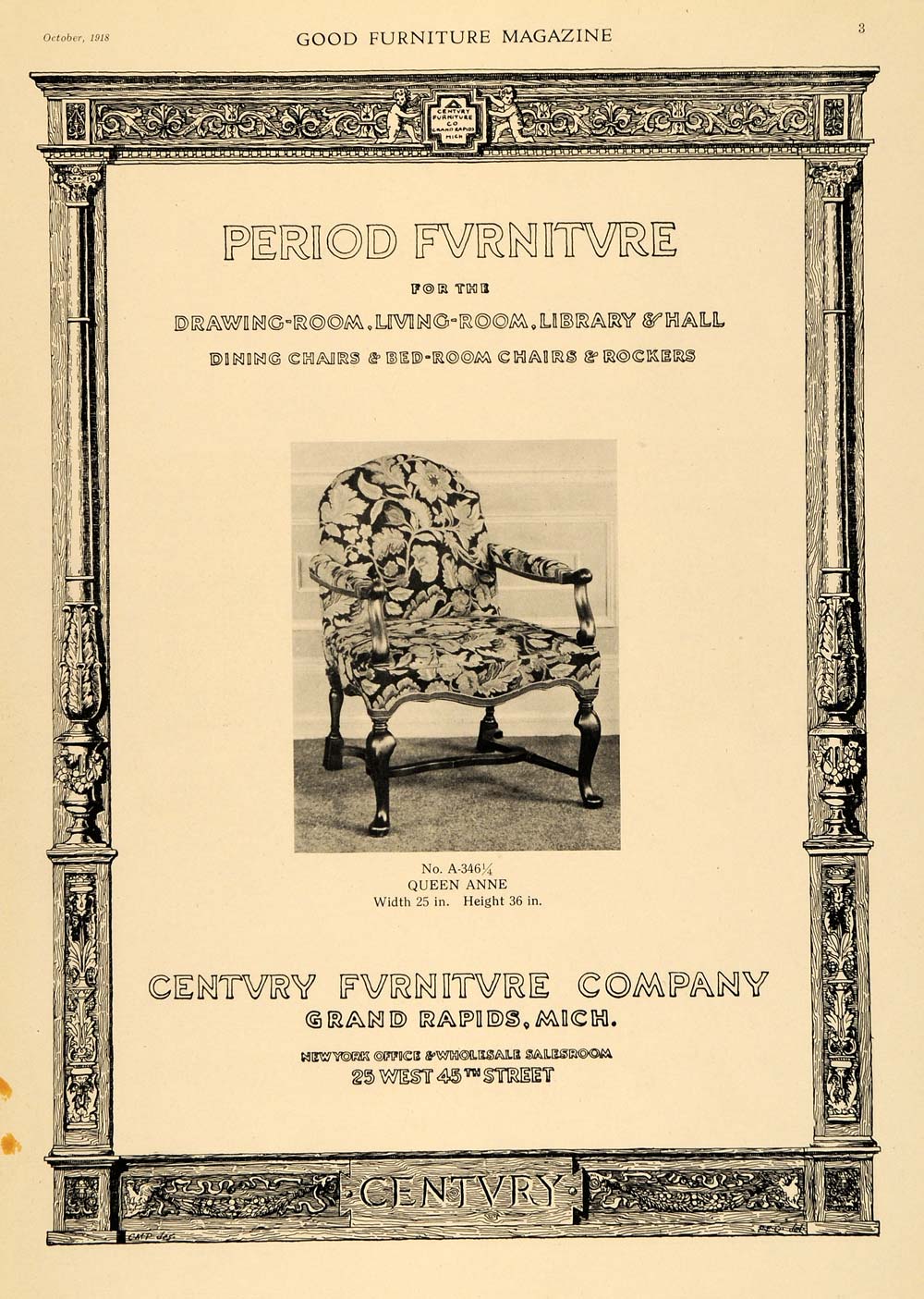 1918 Ad Century Furniture Queen Anne Upholstery Chair - ORIGINAL  ADVERTISING GF2, image size:1000x1405