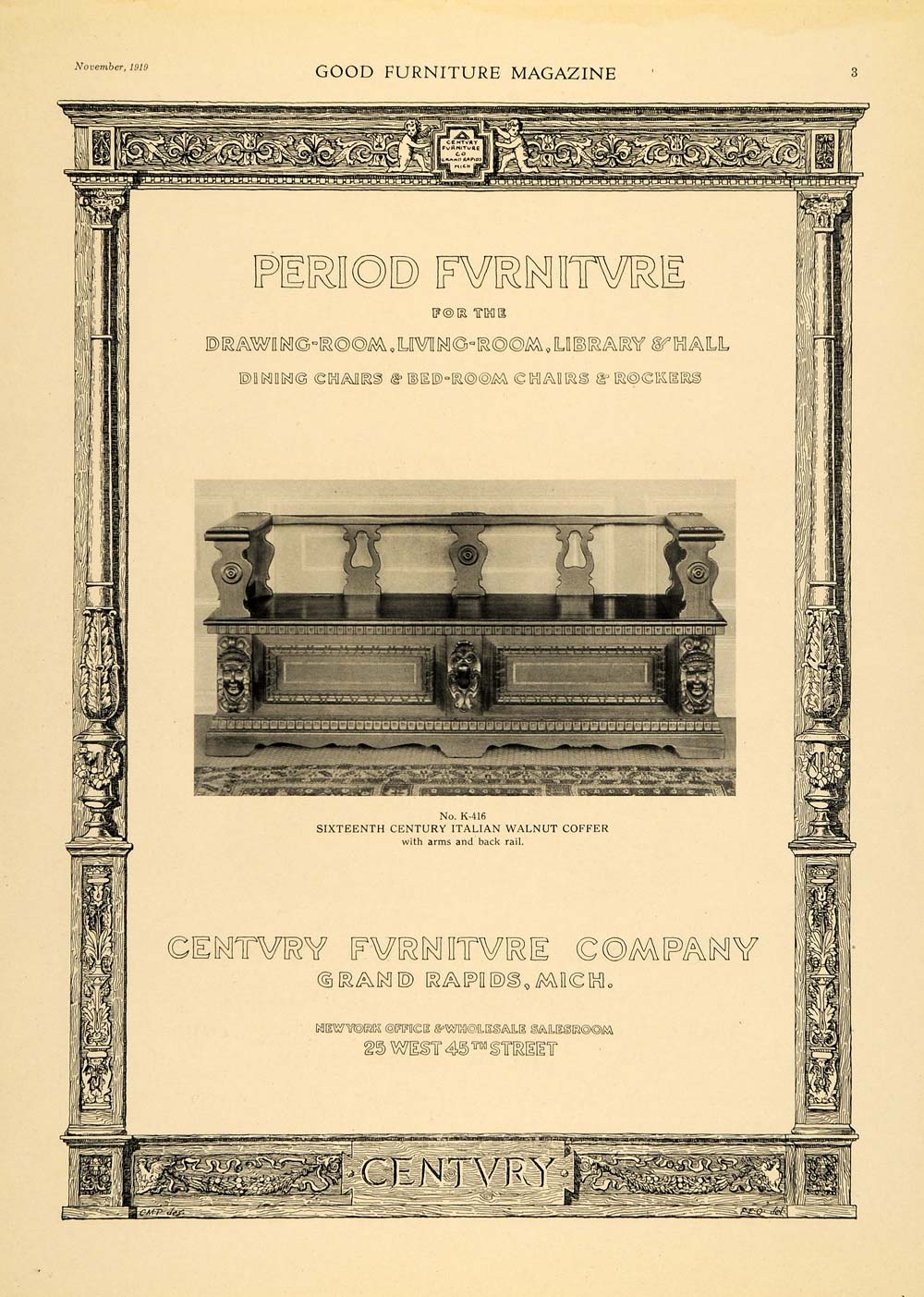 1919 Ad Century Furniture Italian Walnut Coffer Bench - ORIGINAL ADVERTISING GF2