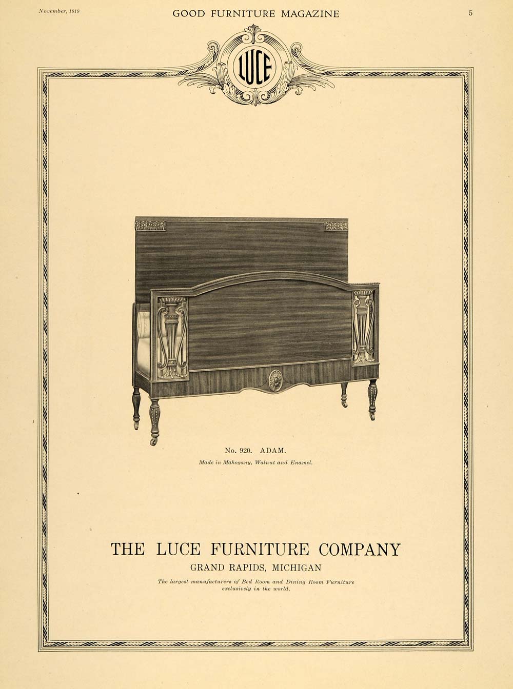 1919 Ad Luce Furniture Adam Bed Frame Mahogany Walnut - ORIGINAL ADVERTISING GF2