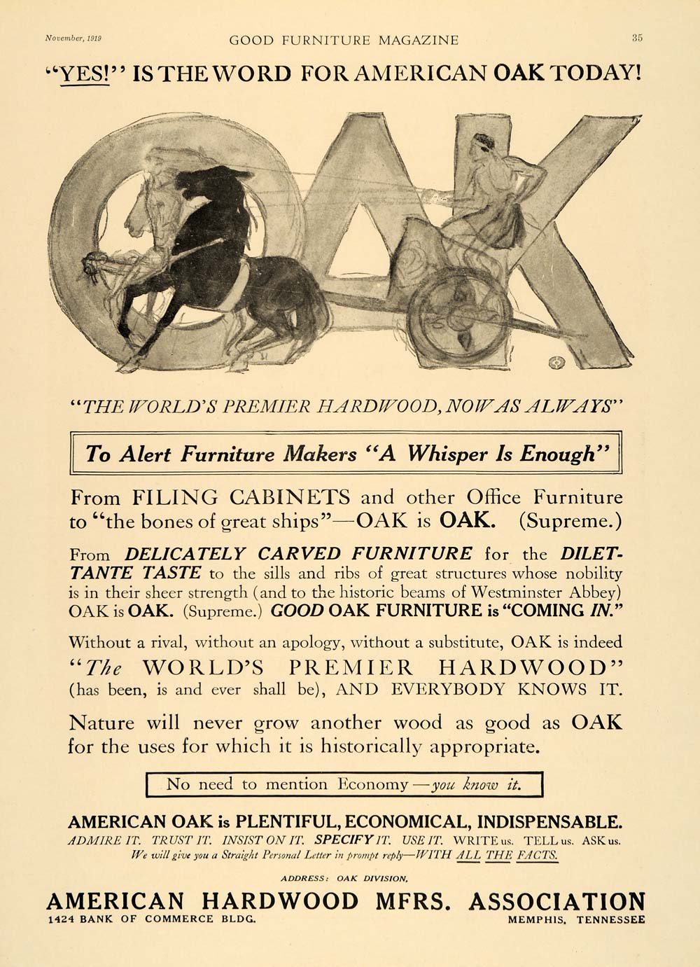 1919 Ad American Hardwood Manufacturers Oak Chariot - ORIGINAL ADVERTISING GF2