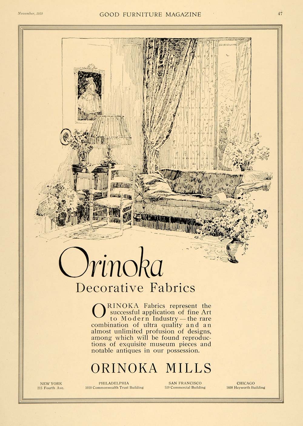 1919 Ad Orinoka Mills Decorative Home Fabrics Drapes - ORIGINAL ADVERTISING GF2