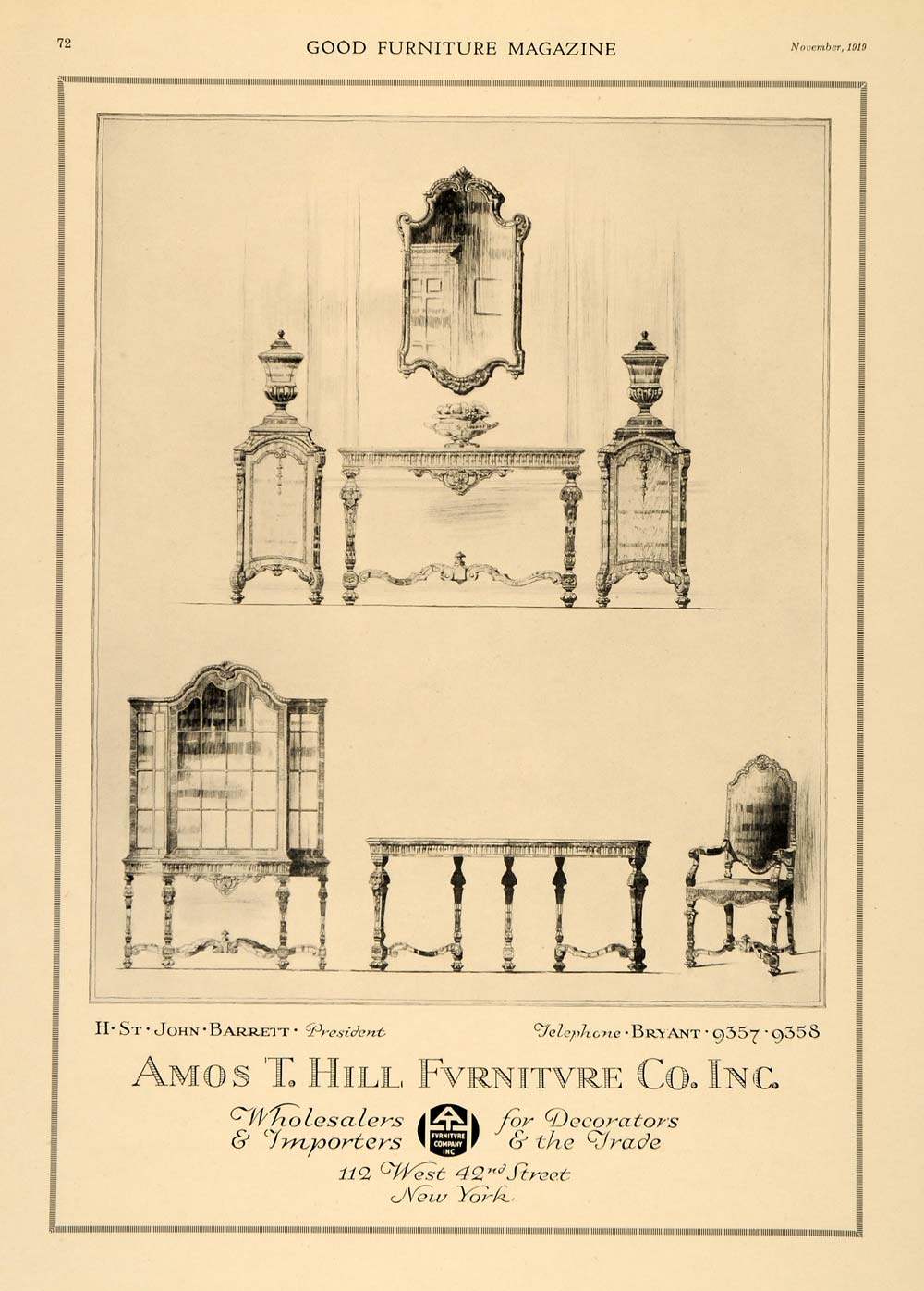 1919 Ad Amos T. Hill Furniture Decorators Furnishers - ORIGINAL ADVERTISING GF2