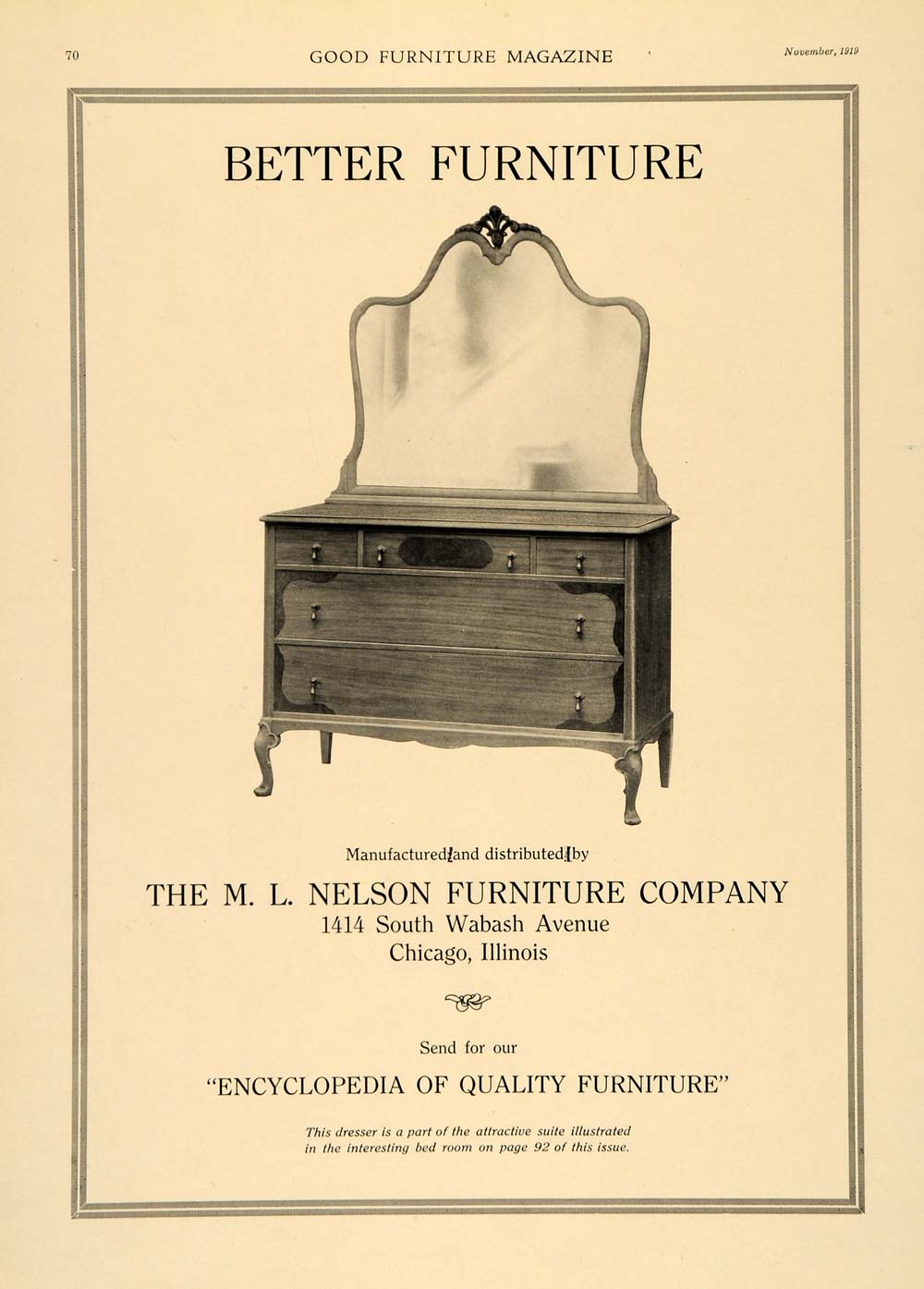 1919 Ad M. L. Nelson Furniture Bedroom Dressing Table - ORIGINAL ADVERTISING GF2