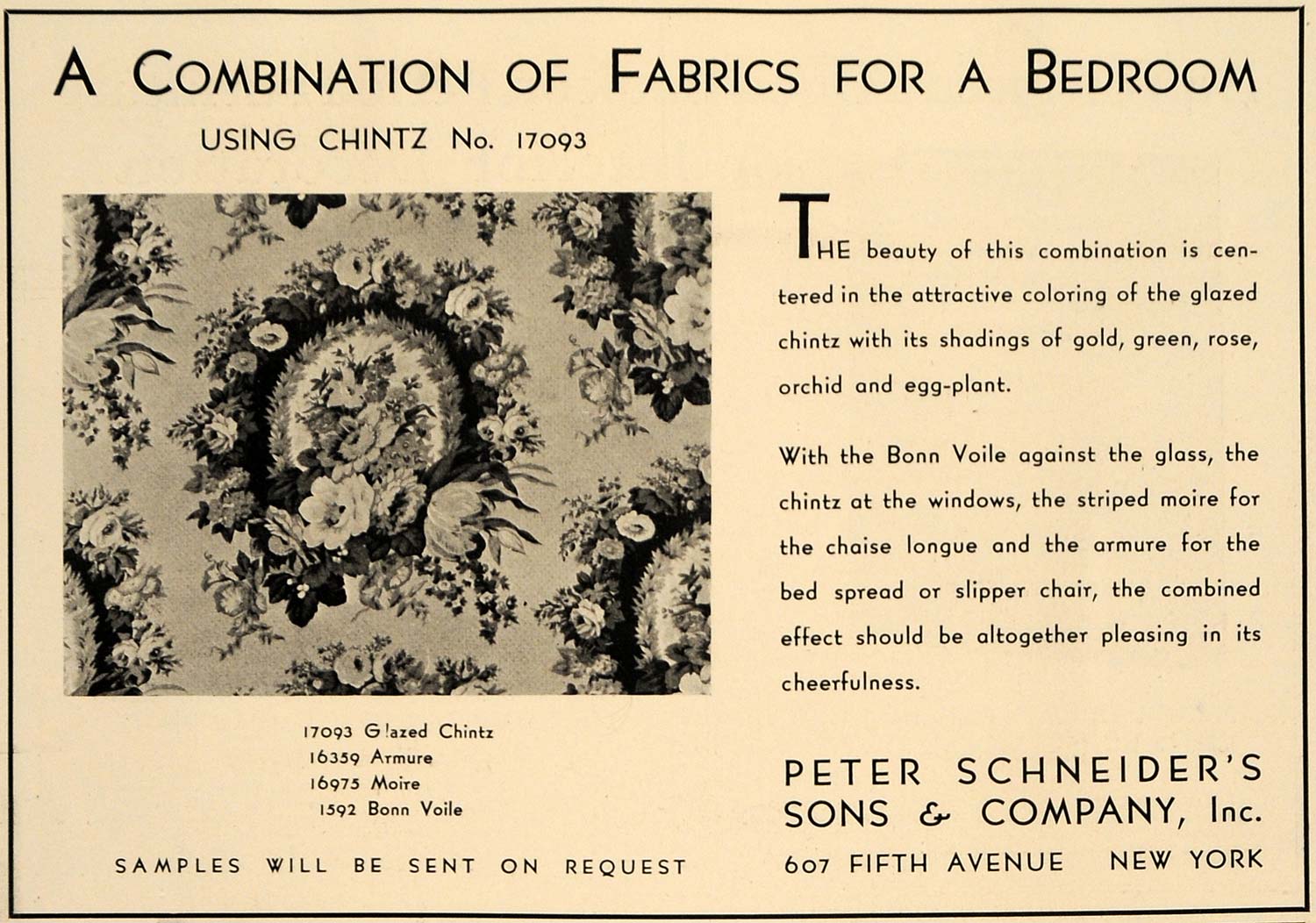 1930 Ad Peter Schneider Bedroom Fabric Chintz Patterns - ORIGINAL GF2
