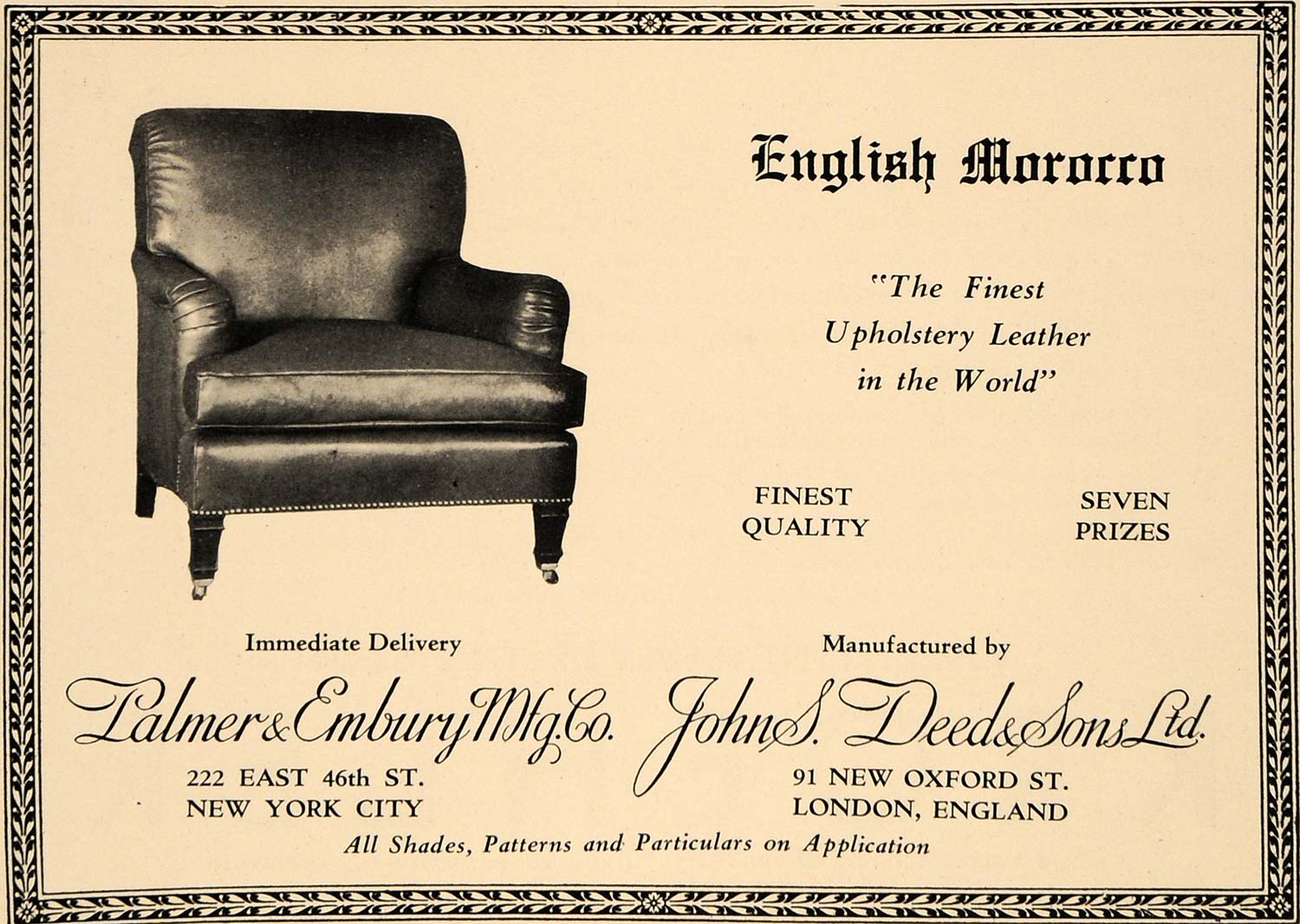 1930 Ad Palmer Embury John S Deed English Morocco Chair - ORIGINAL GF2