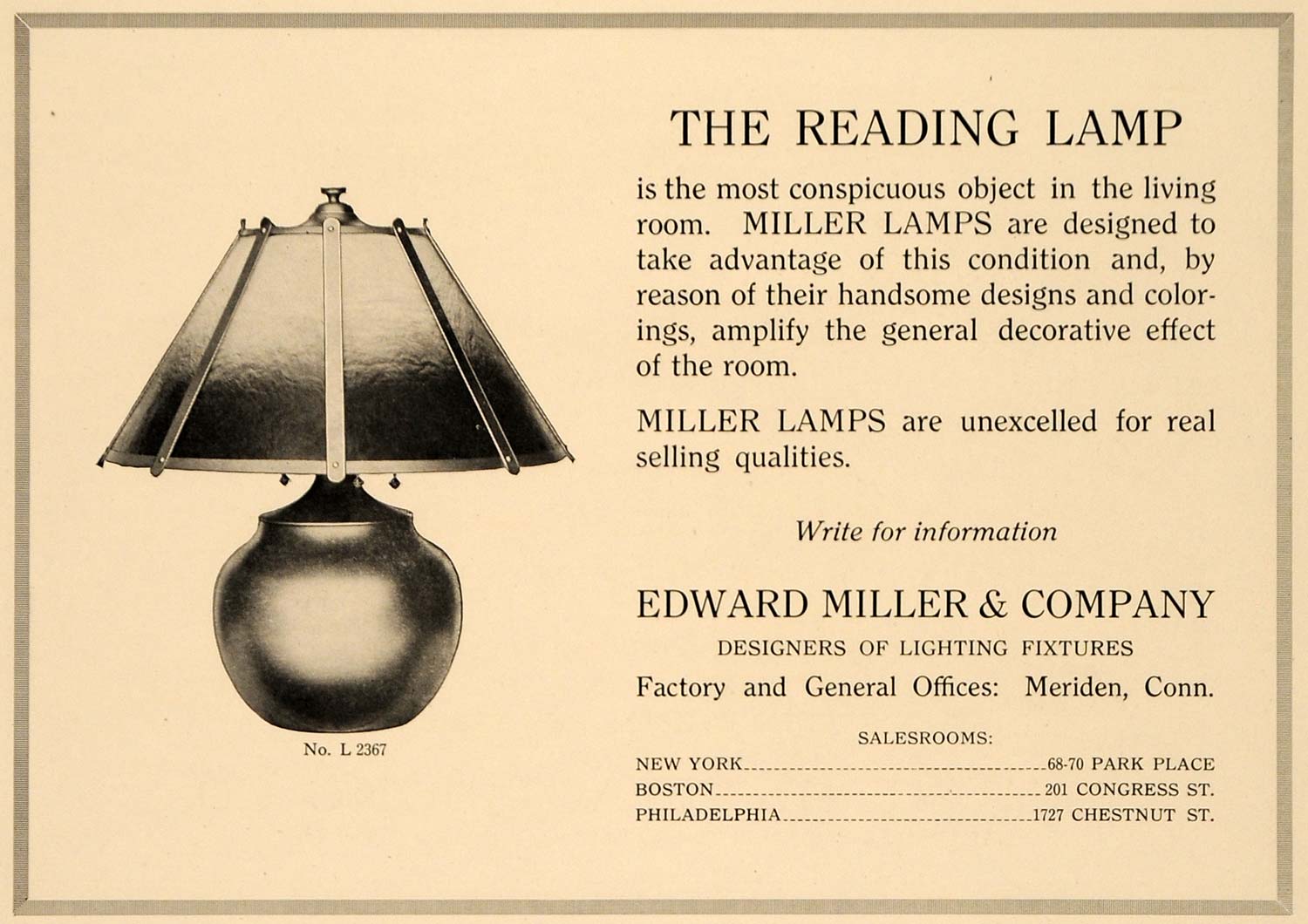 1918 Ad Edward Miller Lamps Reading Model Meriden Conn. - ORIGINAL GF2