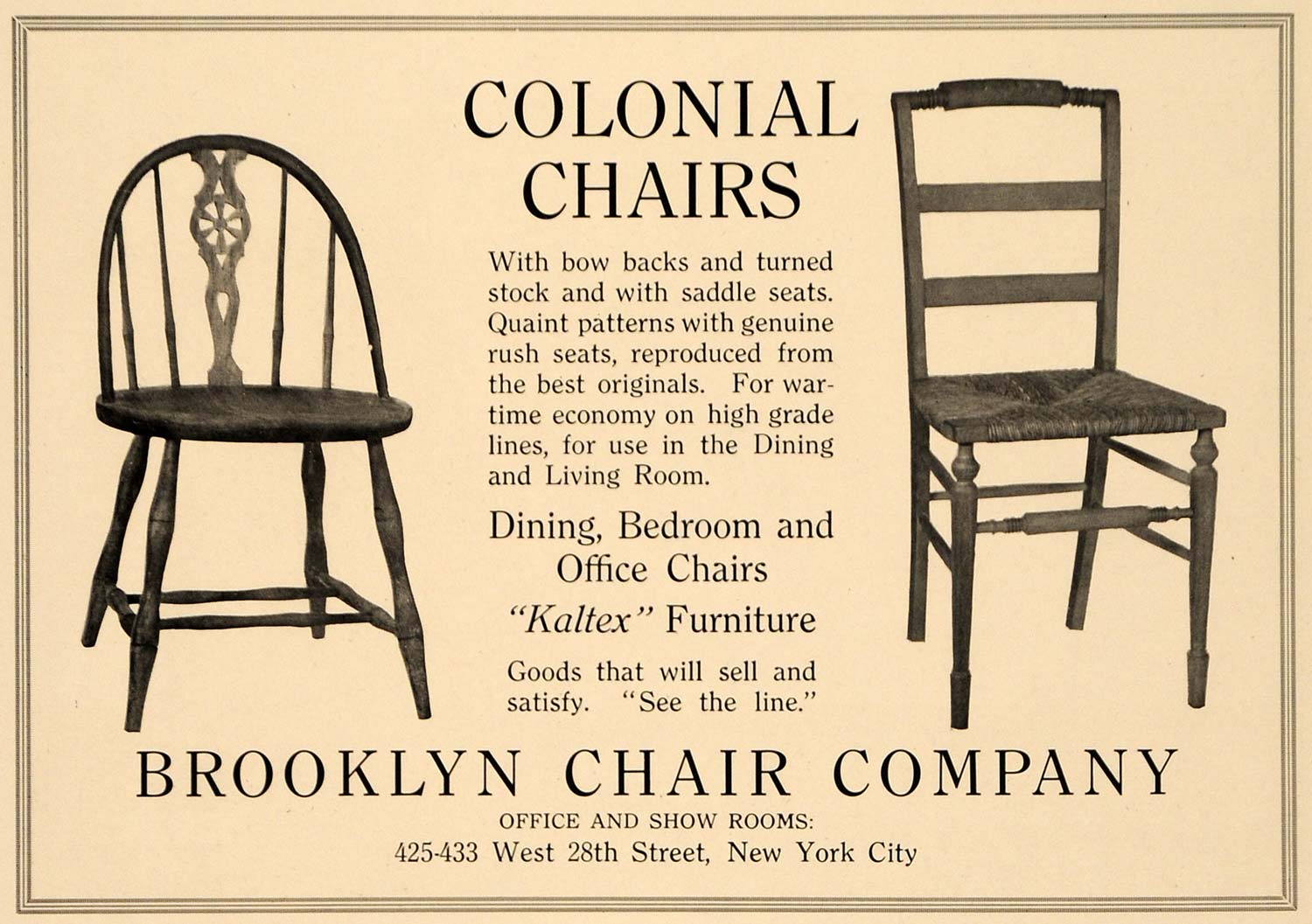 1918 Ad Brooklyn Colonial Chairs Kaltex Furniture NY - ORIGINAL ADVERTISING GF2