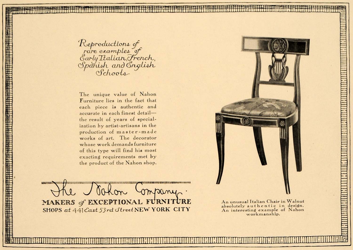 1918 Ad Nahon Period Furniture Italian Walnut Chair NY - ORIGINAL GF2