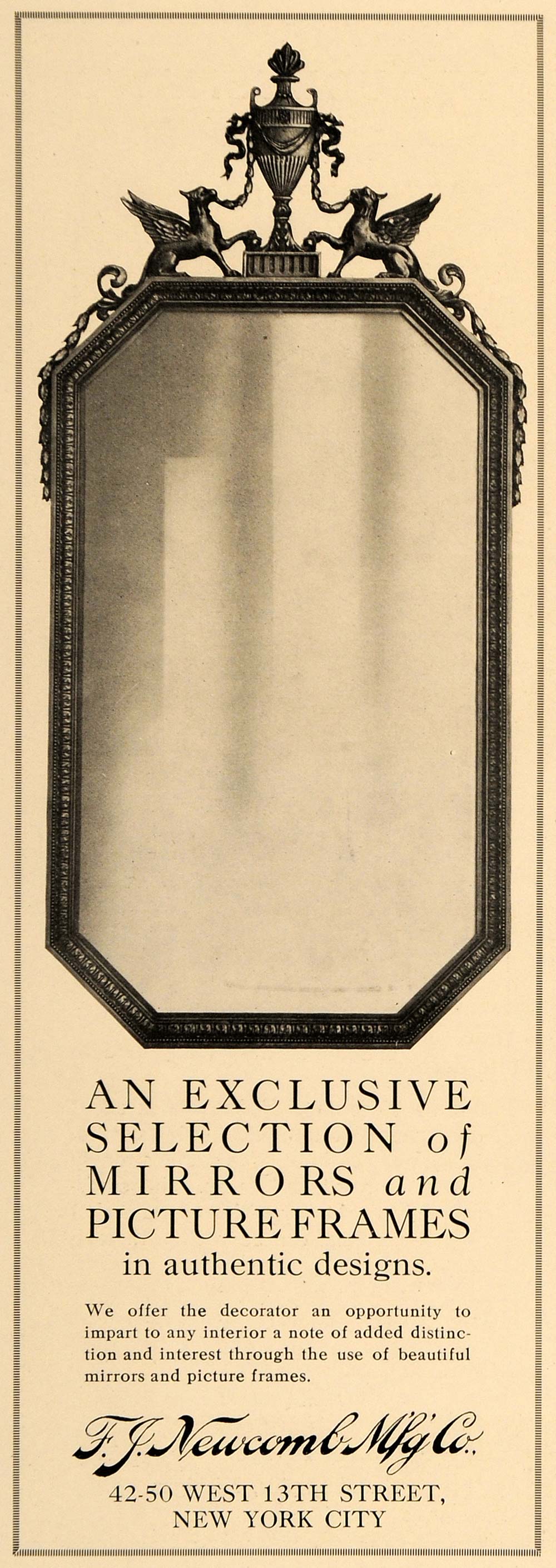 1918 Ad F. J. Newcomb Mirrors Picture Frame Designs NY - ORIGINAL GF2