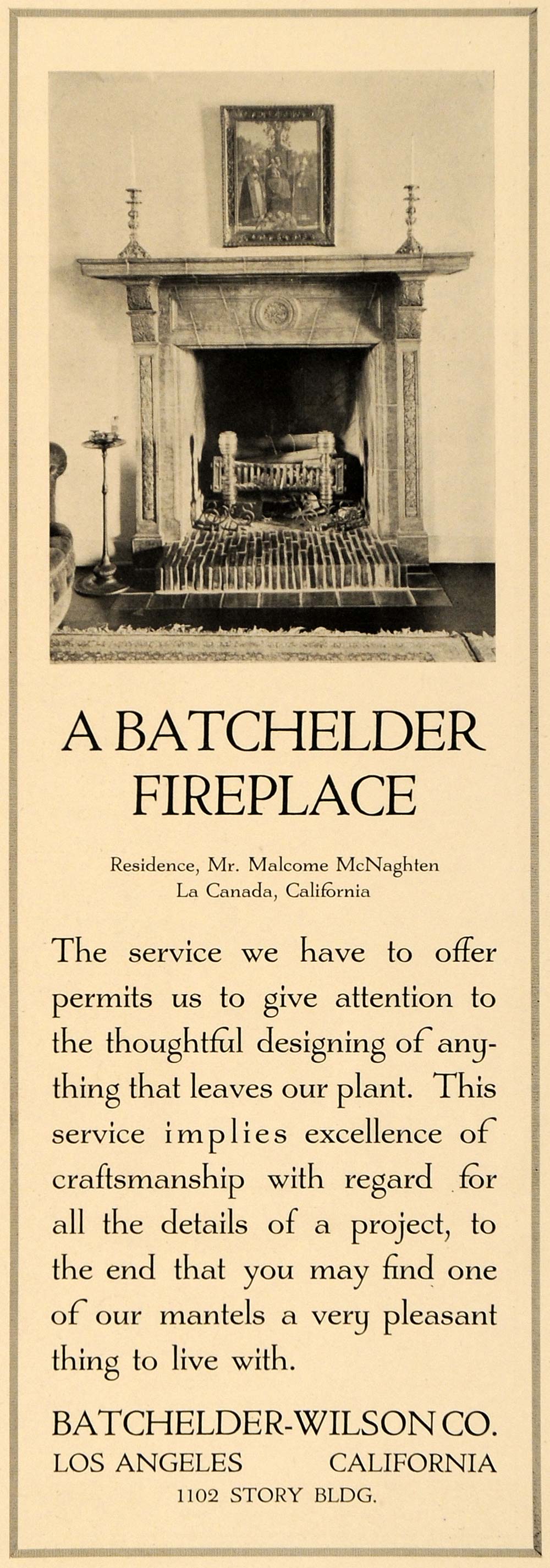 1919 Ad BatchelderWilson Fireplace McNaghten ORIGINAL ADVER