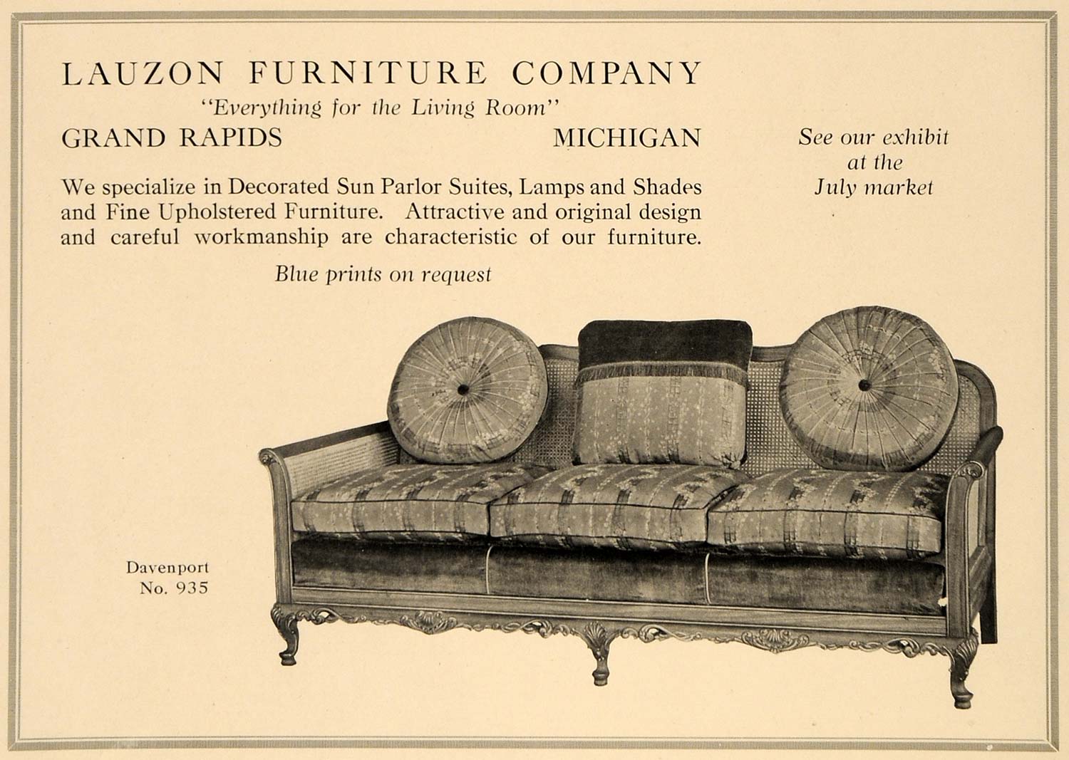 1918 Ad Lauzon Furniture Davenport No. 935 Grand Rapids - ORIGINAL GF2