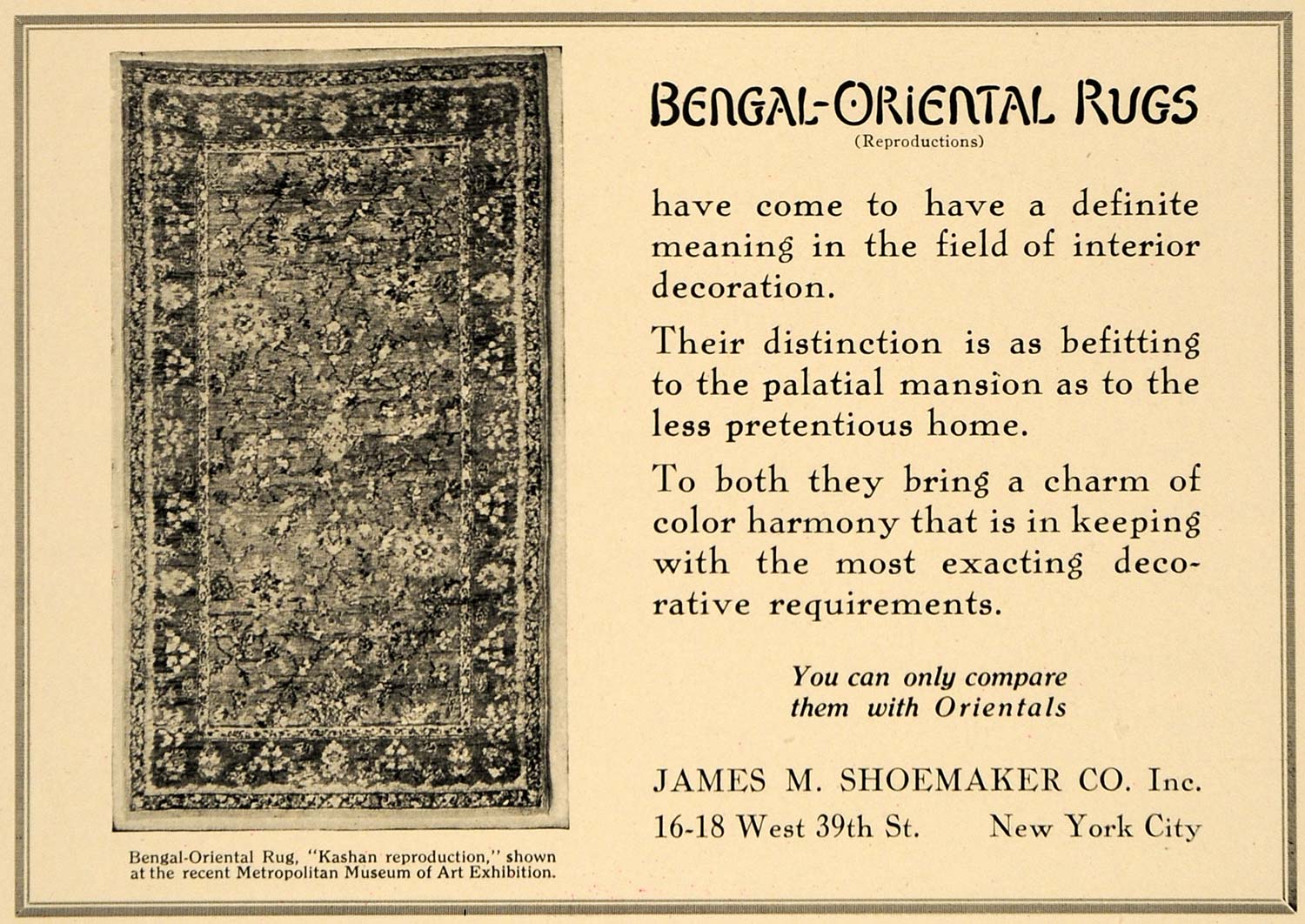 1919 Ad Bengal Kashan Oriental Rugs James M. Shoemaker - ORIGINAL GF2