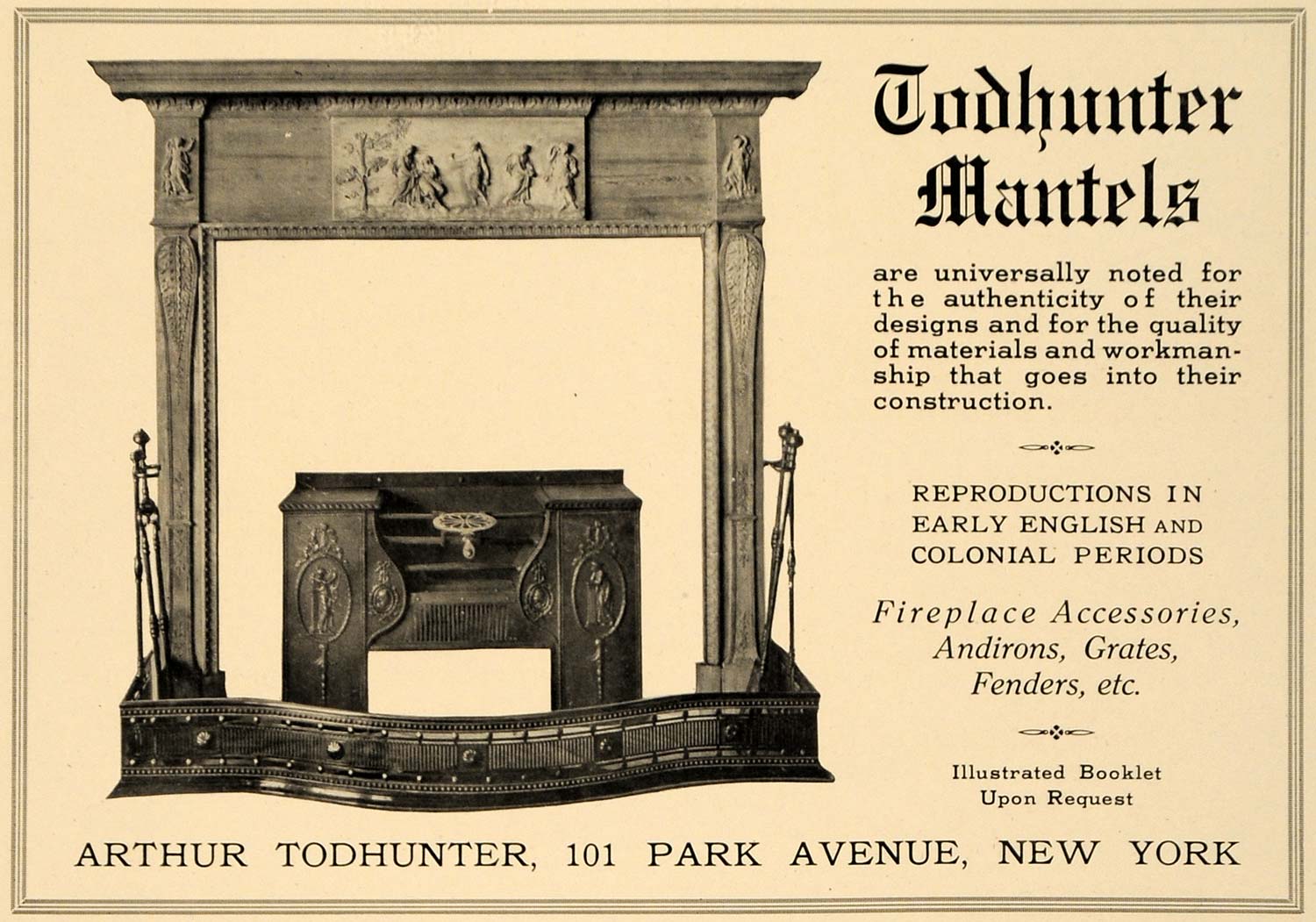 1919 Ad Arthur Todhunter Mantels Fireplace Accessories - ORIGINAL GF2