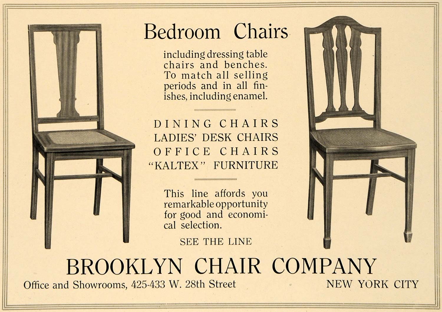 1919 Ad Brooklyn Bedroom Chairs Kaltex Furniture NY - ORIGINAL ADVERTISING GF2