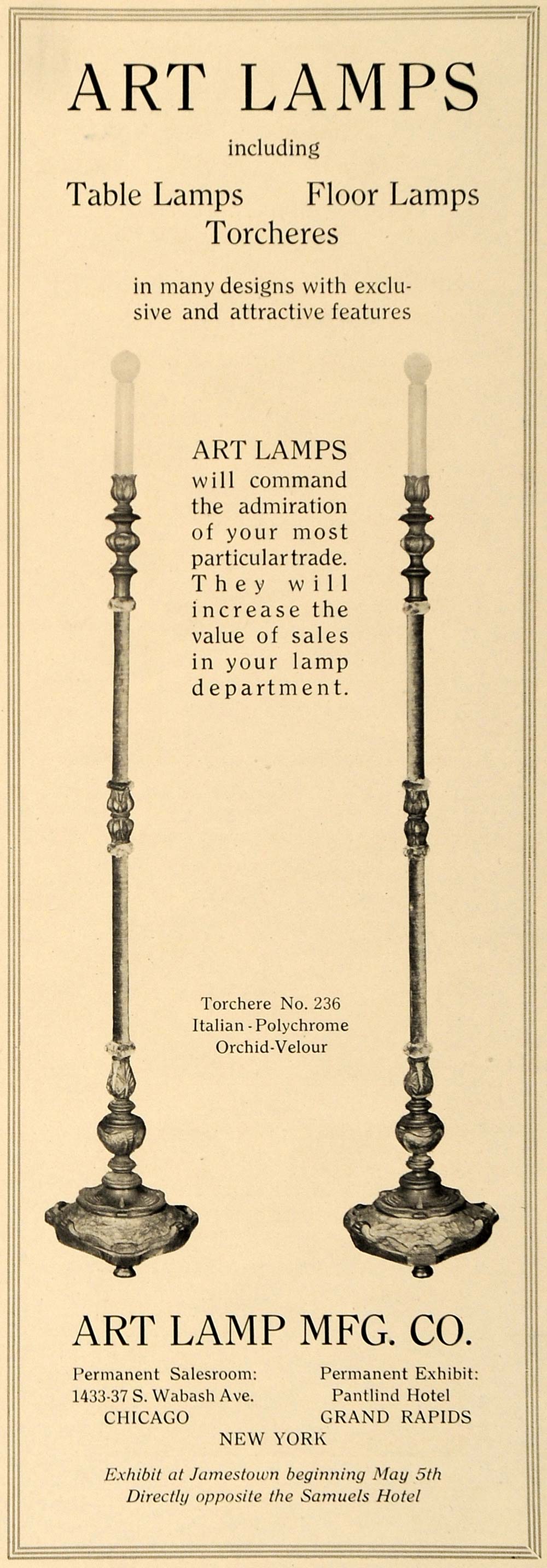 1919 Ad Art Lamps Table Floor Torcheres Polychrome NY - ORIGINAL ADVERTISING GF2