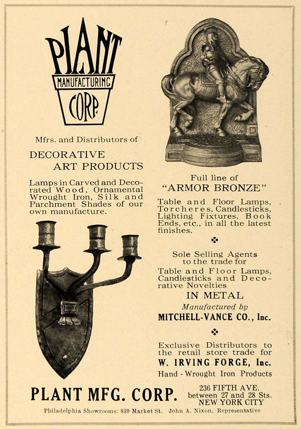 1920 Ad Plant Mfg Decorative Art Armor Bronze Decor NY - ORIGINAL GF2