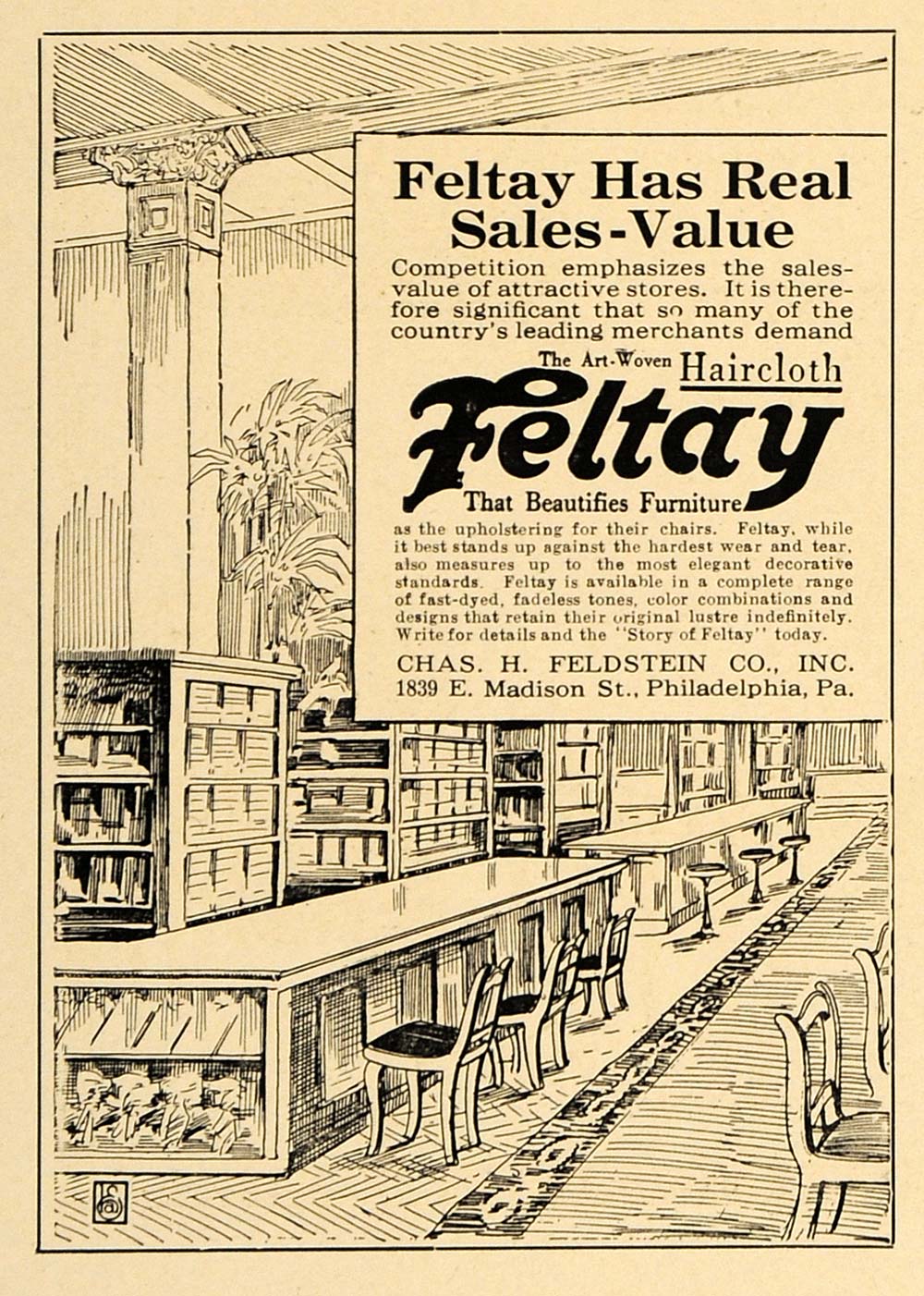 1920 Ad Feltay Furniture Haircloth Chas. H. Feldstein - ORIGINAL ADVERTISING GF2