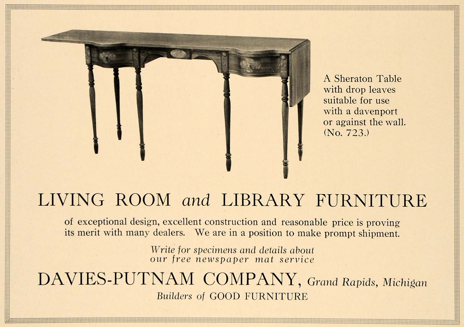 1918 Ad Davies-Putnam Co. Furniture Sheraton Table 723 - ORIGINAL GF2