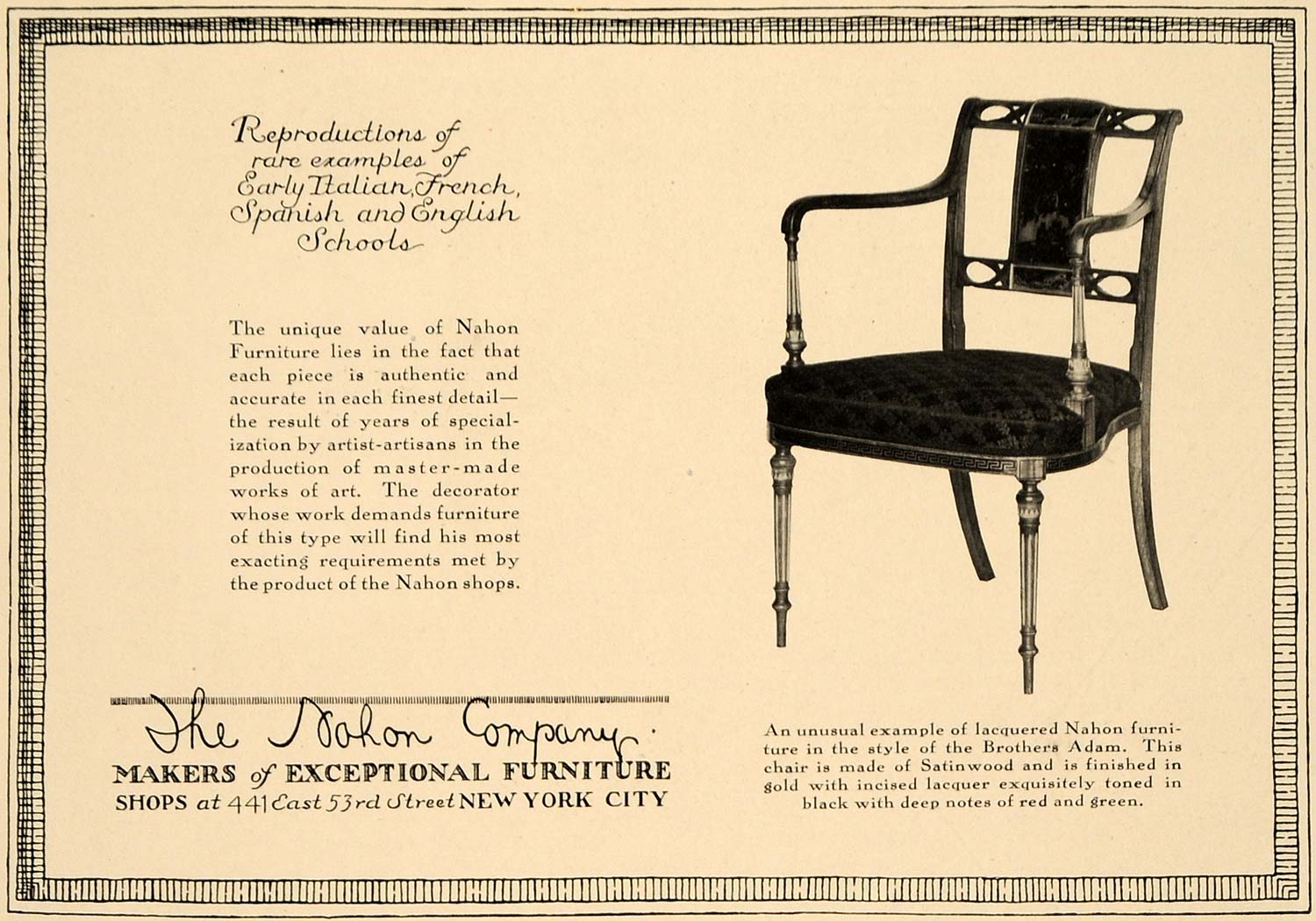1918 Ad Nahon Co. Early Italian Satinwood Chair Decor - ORIGINAL ADVERTISING GF2