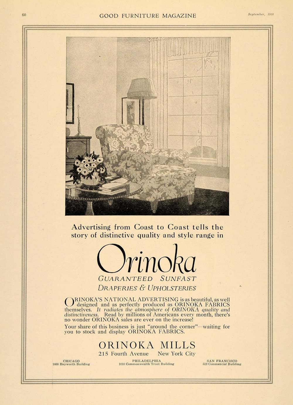 1918 Ad Orinoka Mills Sunfast Draperies Upholsteries - ORIGINAL ADVERTISING GF3