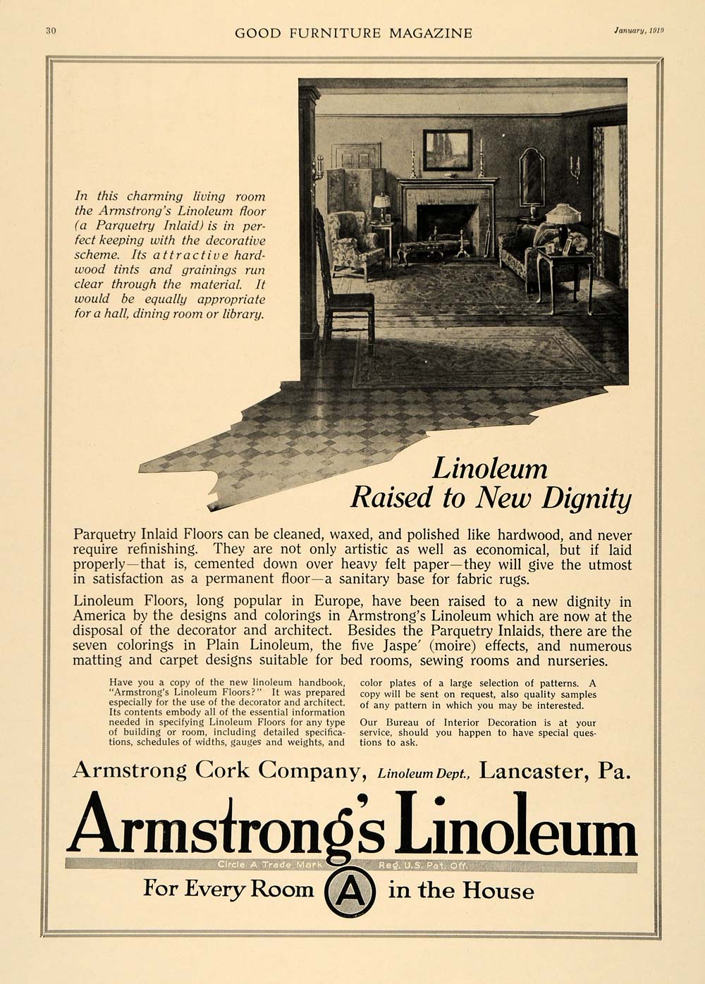 1919 Ad Armstrong Cork Company Linoleum Floors Decor - ORIGINAL ADVERTISING GF3
