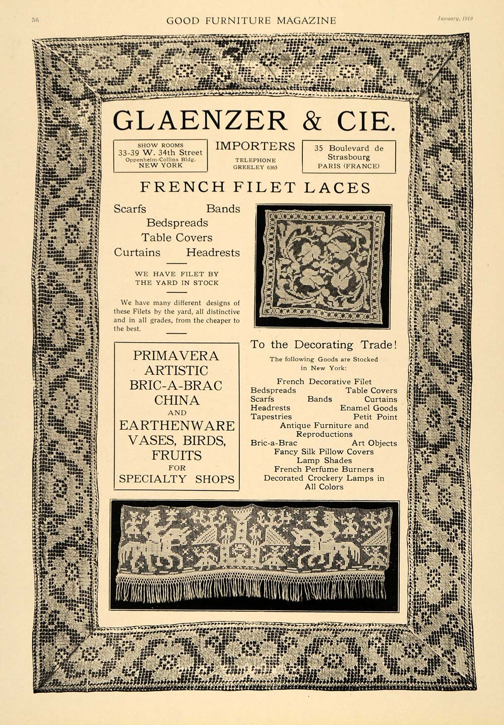 1919 Ad Glaenzer & Cie French Filet Laces Scarf Curtain - ORIGINAL GF3