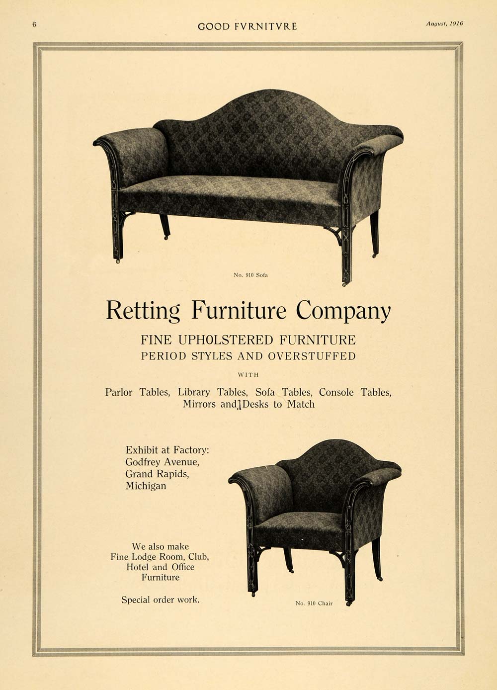 1916 Ad Retting Furniture Company Sofa Chair No 910 - ORIGINAL ADVERTISING GF3