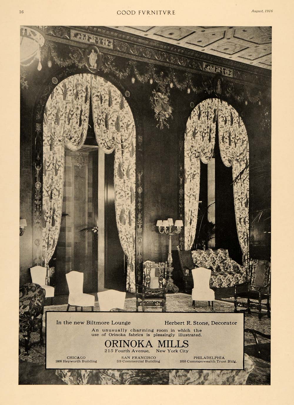 1916 Ad Biltmore Lounge Herbert R Stone Orinoka Mills - ORIGINAL ADVERTISING GF3