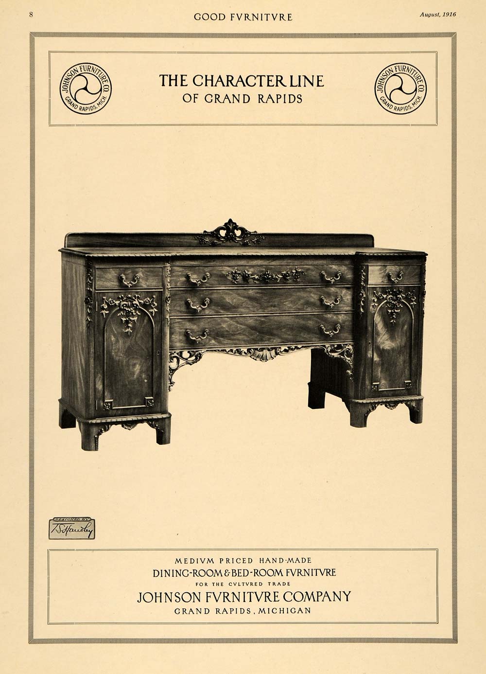 1916 Ad Dresser Buffet Table Johnson Furniture Company - ORIGINAL GF3
