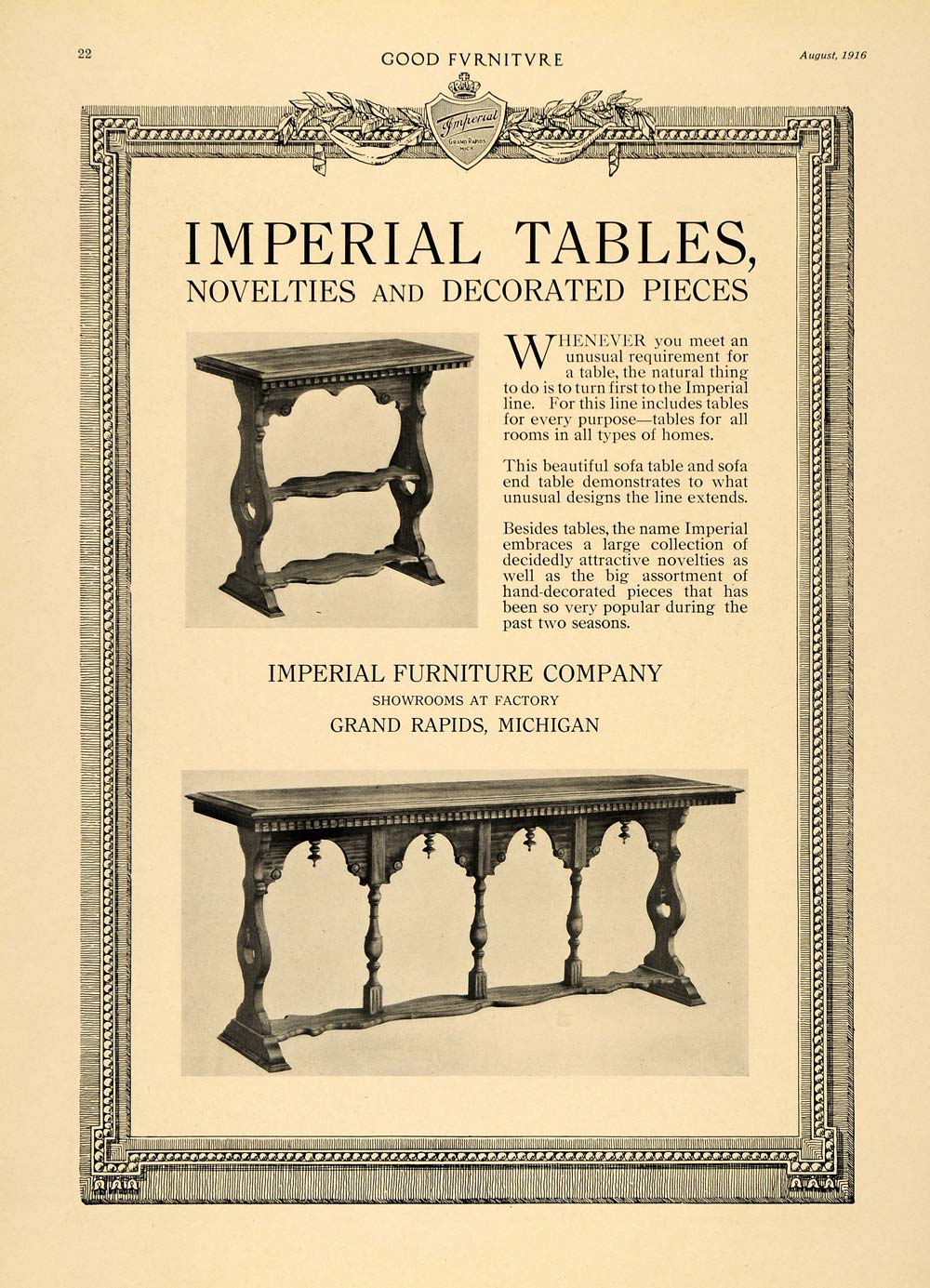 1916 Ad Sofa End Tables Imperial Furniture Company Deco - ORIGINAL GF3