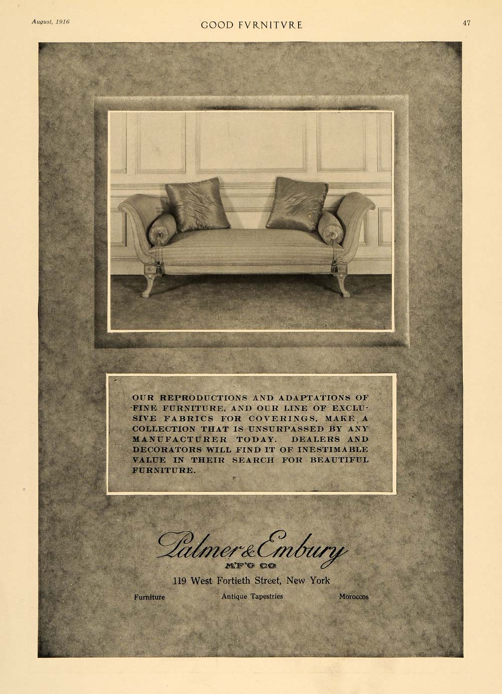 1916 Ad Palmer Embury Manufacturing Company Sofa Settee - ORIGINAL GF3