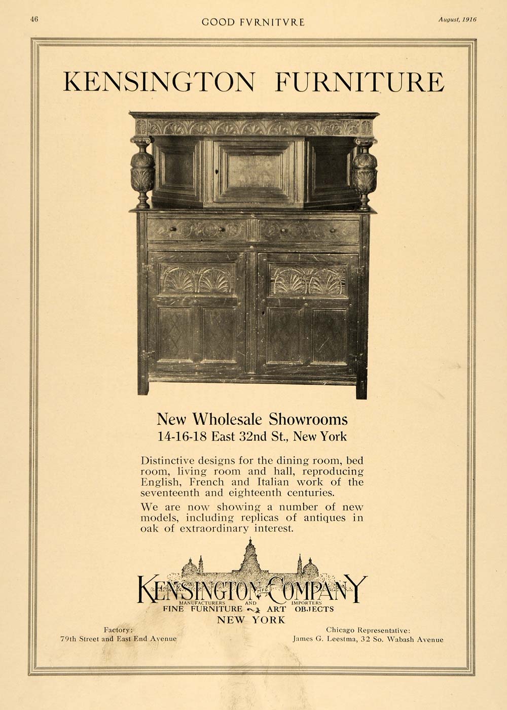 1916 Ad Cabinet Chest Furniture Kensington Company - ORIGINAL ADVERTISING GF3