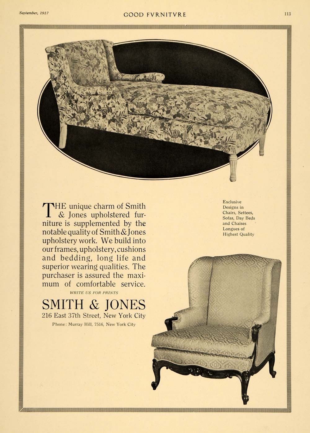 1917 Ad Chair Lounge Smith Jones Upholstered Furniture - ORIGINAL GF3