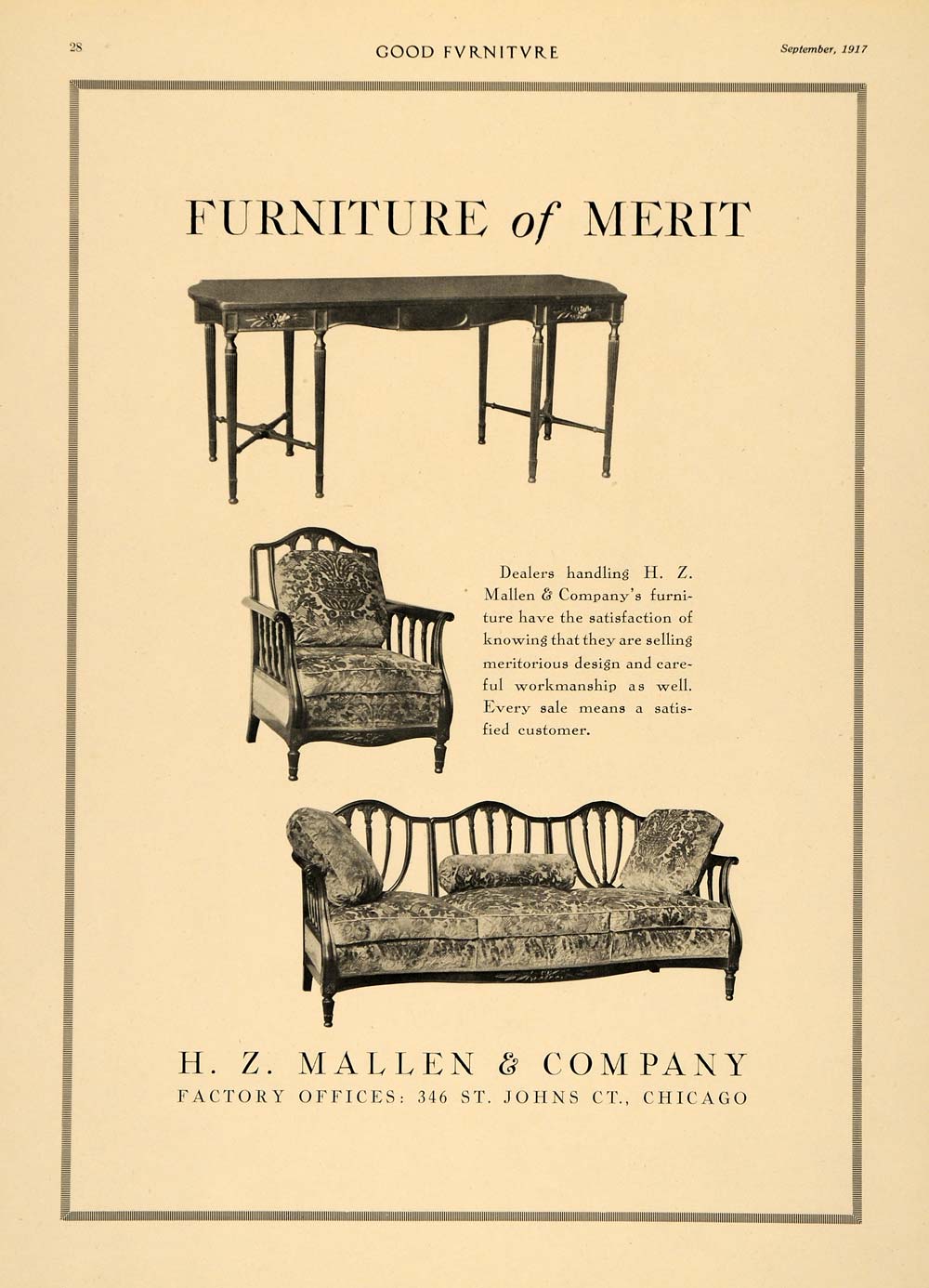 1917 Ad H Z Mallen & Company Furniture Table Sofa Chair - ORIGINAL GF3