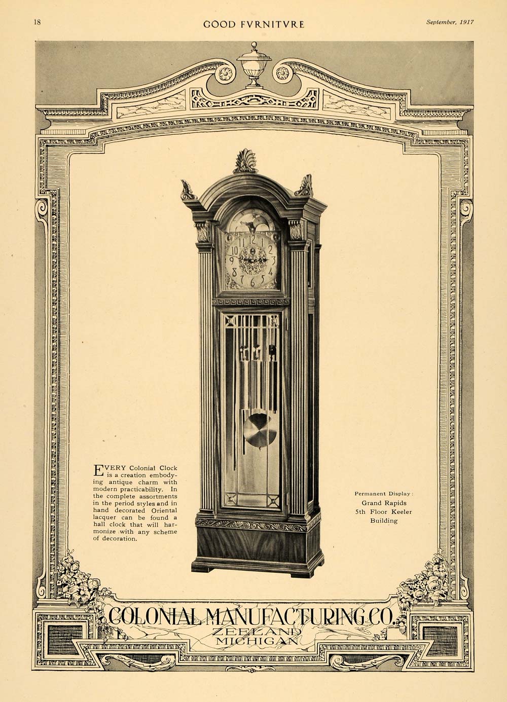 1917 Ad Hall Clock Colonial Manufacturing Zeeland Decor - ORIGINAL GF3