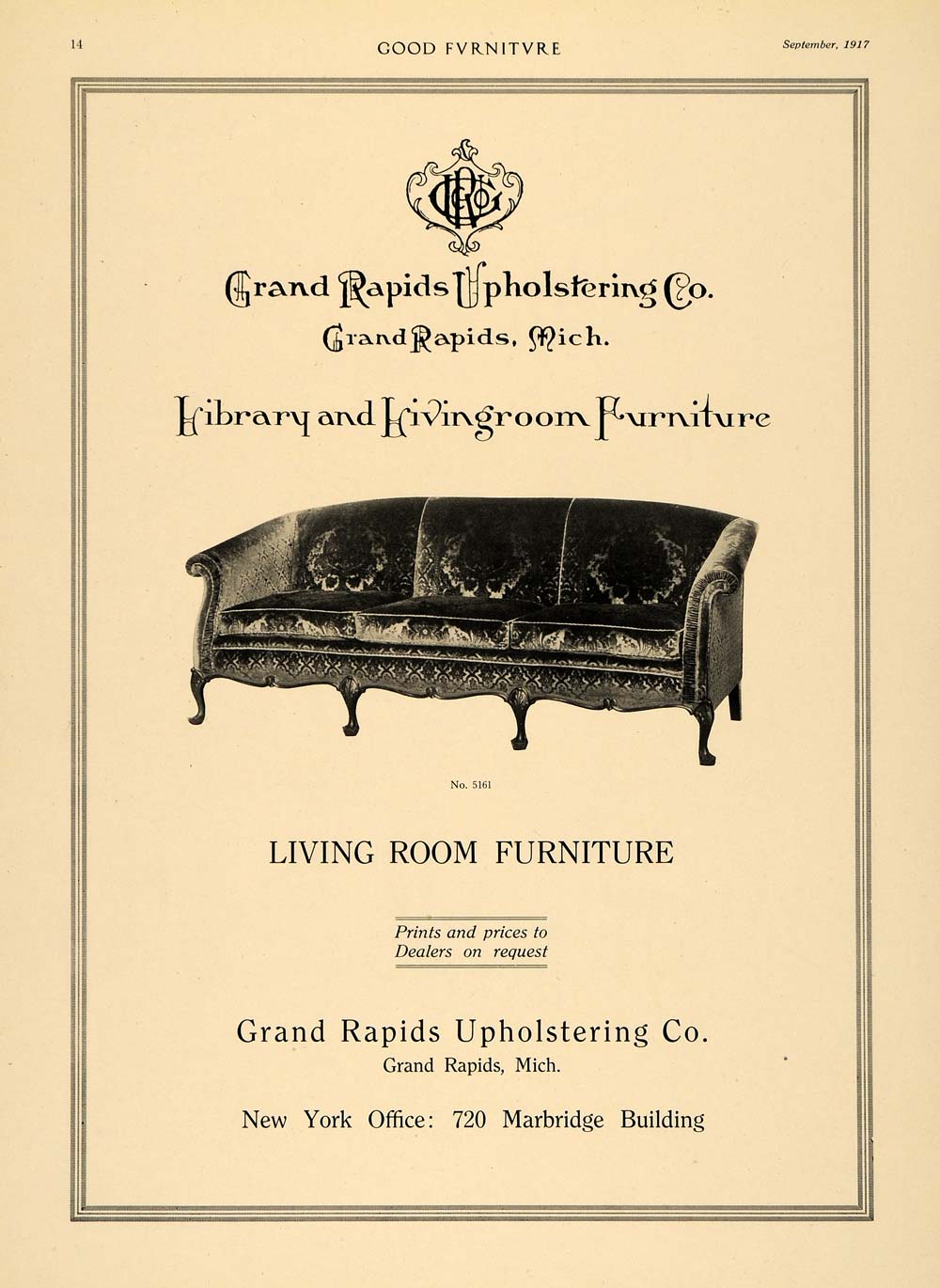 1917 Ad Living Room Furniture Grand Rapids Upholstering - ORIGINAL GF3