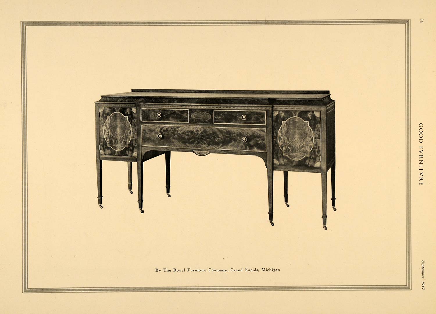 1917 Print Buffet Table Sideboard Royal Furniture Co. ORIGINAL HISTORIC GF3