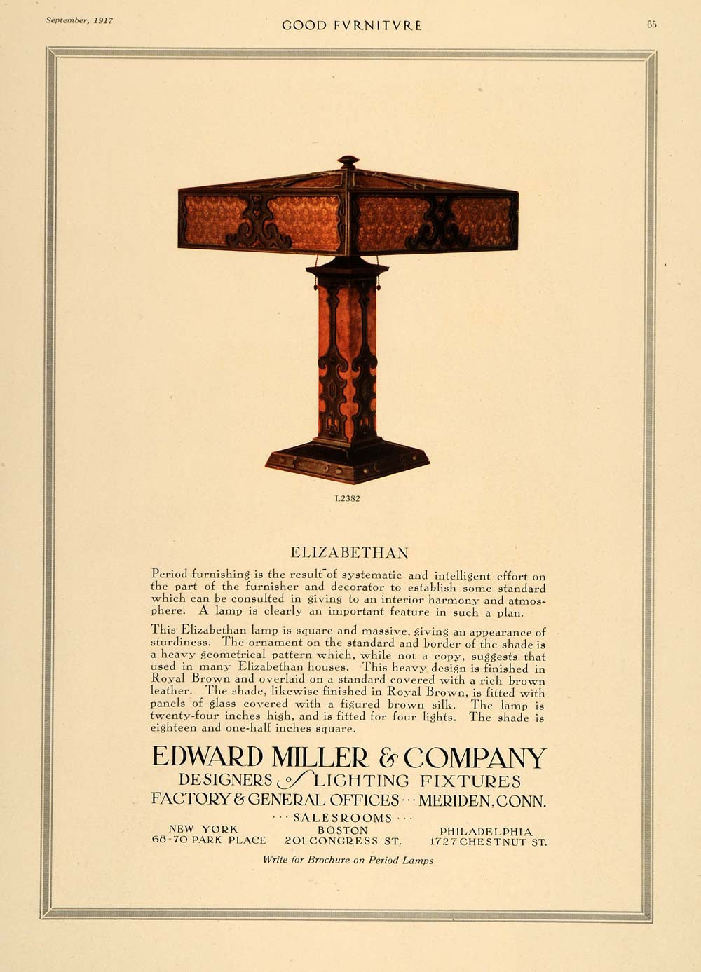 1917 Ad Elizabethan L2382 Lamp Edward Miller & Company - ORIGINAL GF3