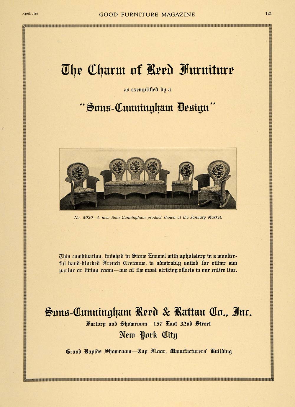 1921 Ad Sons-Cunningham Reed & Rattan Furniture Chair - ORIGINAL ADVERTISING GF4