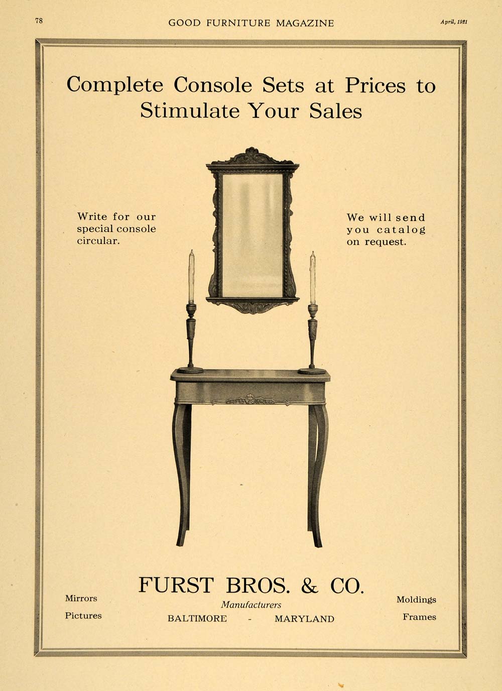1921 Ad Furst Bros. & Co Console Sets Furniture Mirror - ORIGINAL GF4