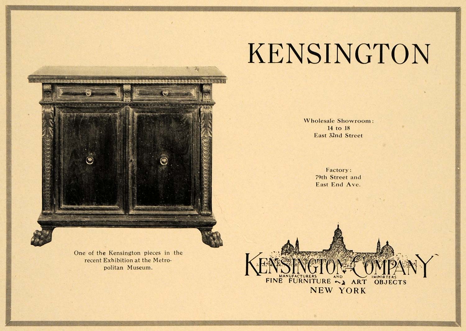 1921 Ad Kensington Co. Furniture Art Objects Cabinet - ORIGINAL ADVERTISING GF4