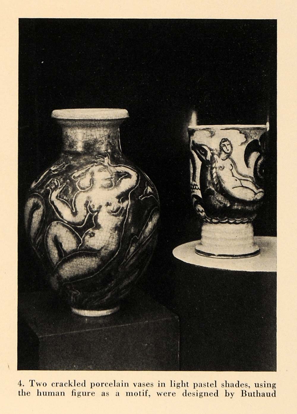 1930 Print Rene Buthaud Crackled Porcelain Nude Vases ORIGINAL HISTORIC GF4