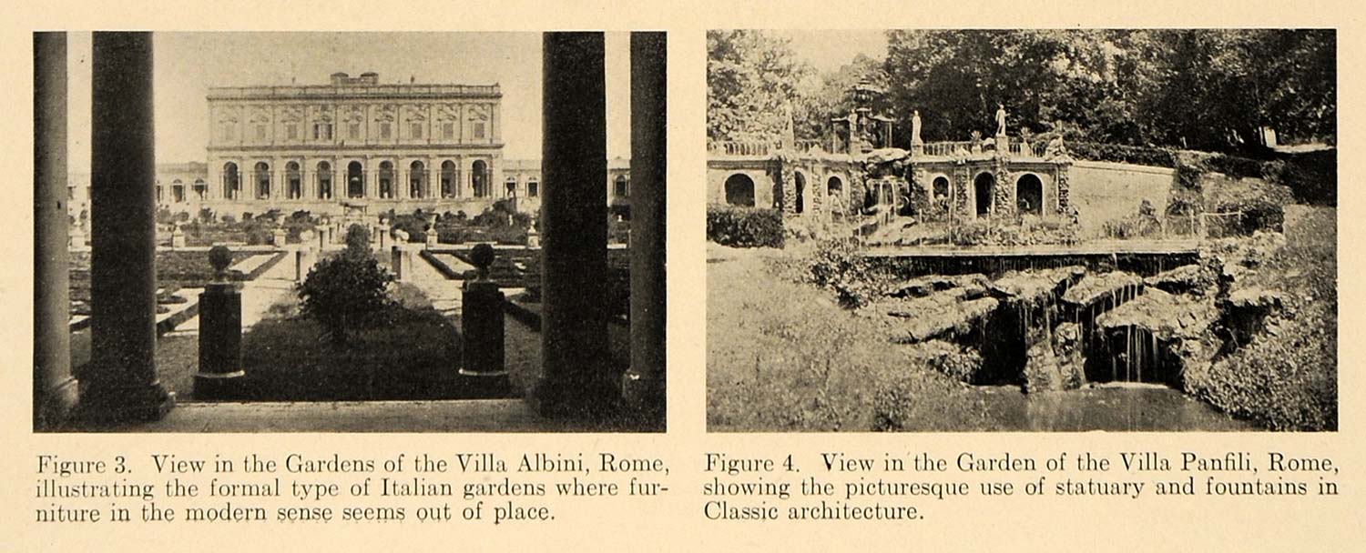 1919 Print Villa Panfili Rome Italian Gardens Fountain ORIGINAL HISTORIC GF4