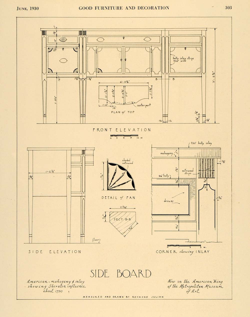 1930 Print Side Board Design Plans Drawn Reymond Julian ORIGINAL HISTORIC GF4