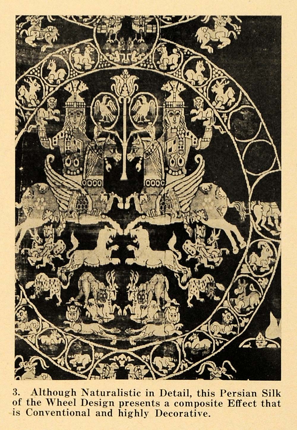 1921 Print Persian Silk Wheel Design Fabric Lion Horses ORIGINAL HISTORIC GF4