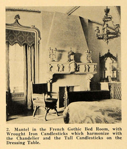 1921 Print French Gothic Bedroom Mantel Fireplace Iron ORIGINAL HISTORIC GF4